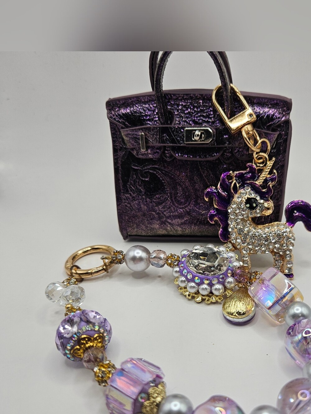 Purple Metallic Mini Purse Charm with Jeweled Unicorn Keyring